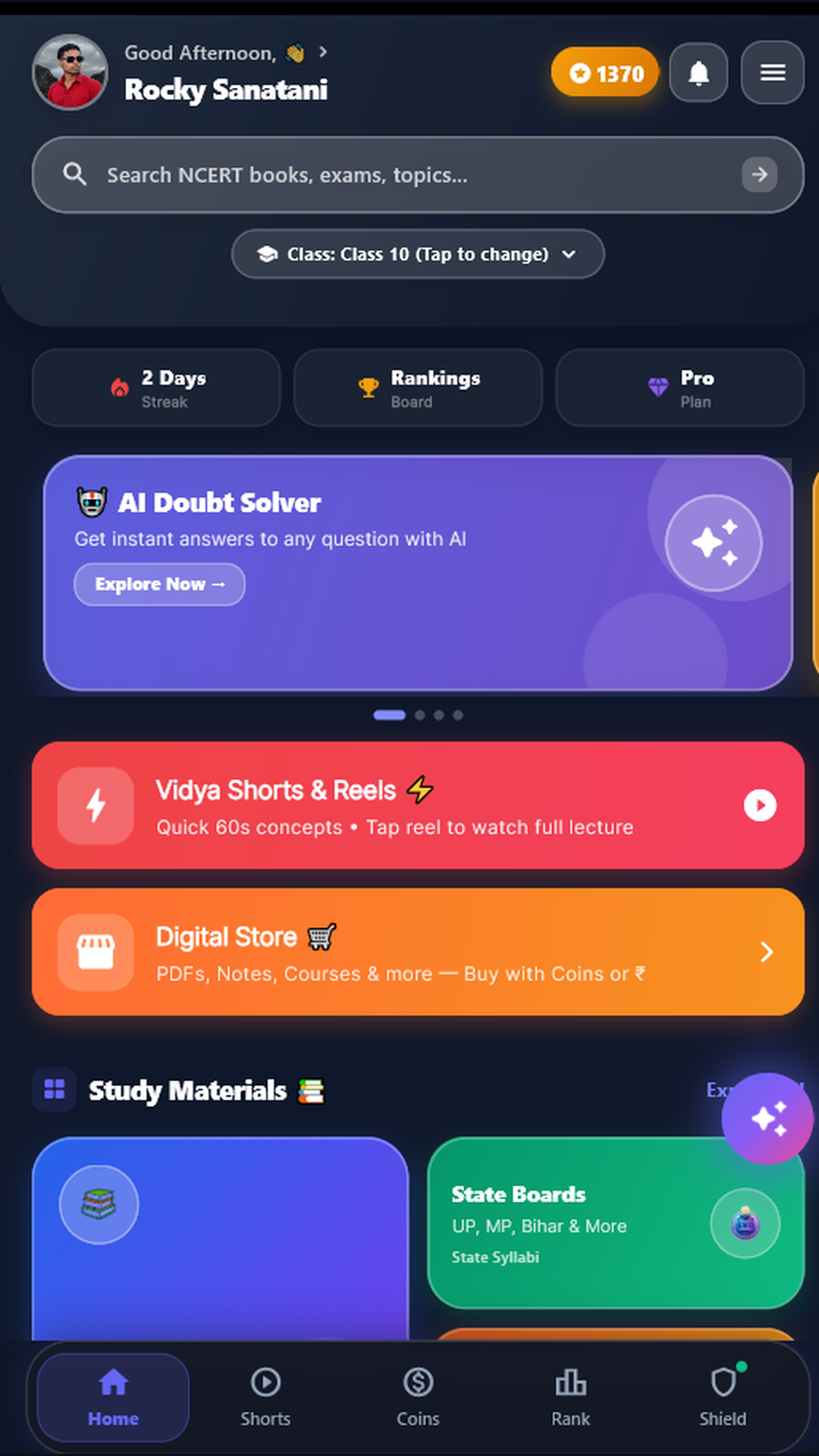 Vidya Topper Home Dashboard